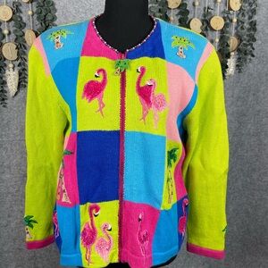 Vintage Jack B. Quick Colorful Flamingo Palm Zip Up Cardigan Sweater